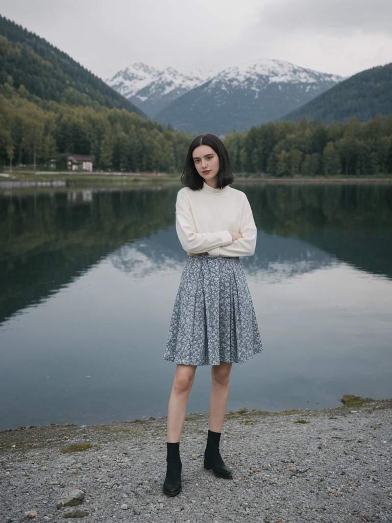 her name is Amelie, high quality, 1girl, ((25-year-old fit Caucasian woman)), ((25 years old)), ((SLIM)), ((Micro Bob dark hair)), pose: standing, wearing Popular Generation-Z modern wear elegant colored, BACKGROUND: "Taking in the serene beauty of the village by the lake, with snow-capped mountains reflected in the water."