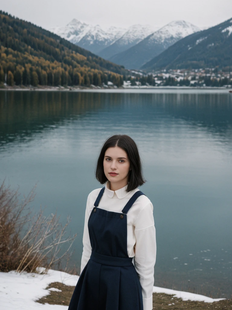 her name is Amelie, high quality, 1girl, ((25-year-old fit Caucasian woman)), ((25 years old)), ((SLIM)), ((Micro Bob dark hair)), pose: standing, wearing Popular Generation-Z modern wear elegant colored, BACKGROUND: "Taking in the serene beauty of the village by the lake, with snow-capped mountains reflected in the water."