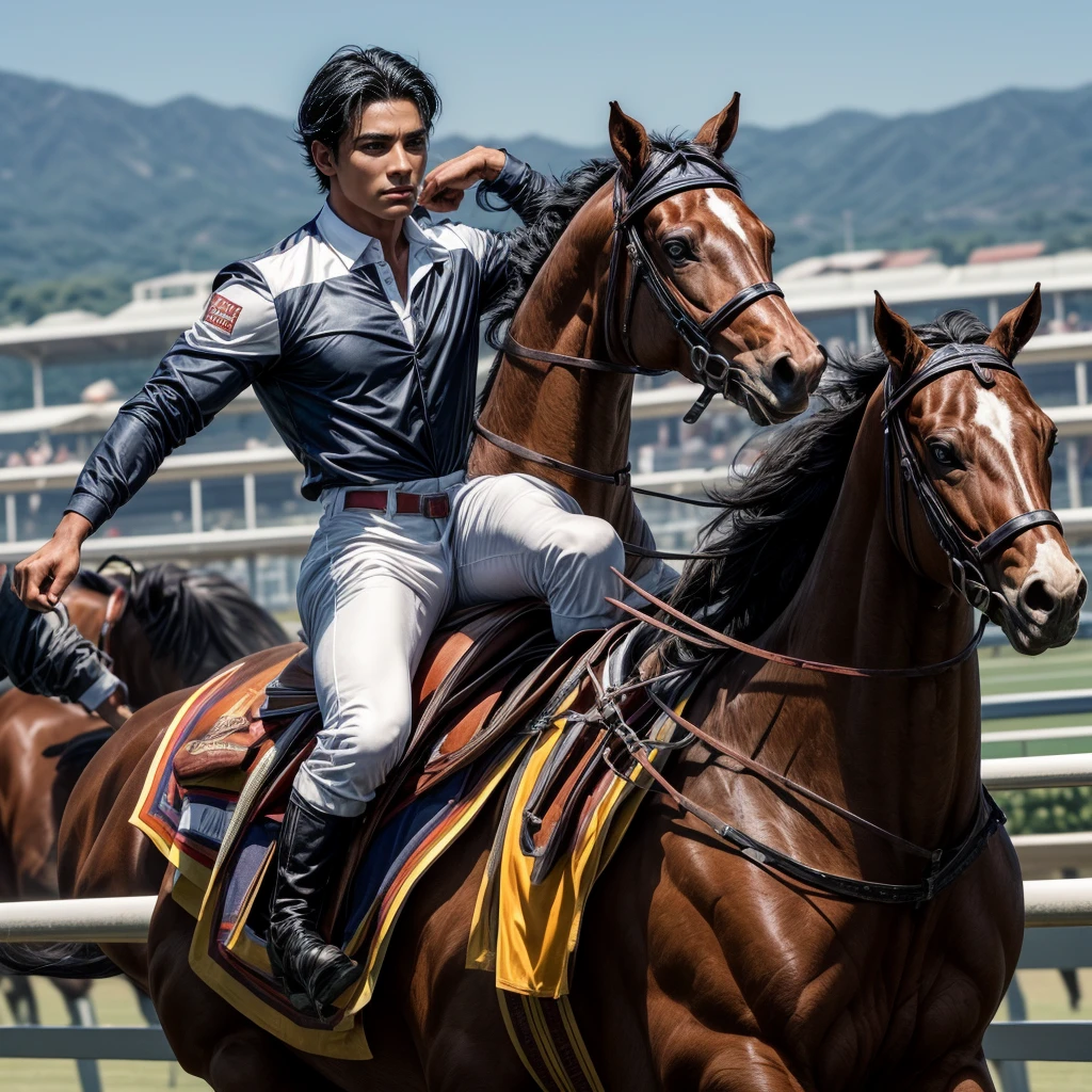 One man that is a muscular, attractive, black hair with somewhat tan skin, brown eyes, sharp jawline, thick eyebrows, racing silks outfit with bright and colorful colors inspired by polo men. Horse race track in the background With people riding horses.