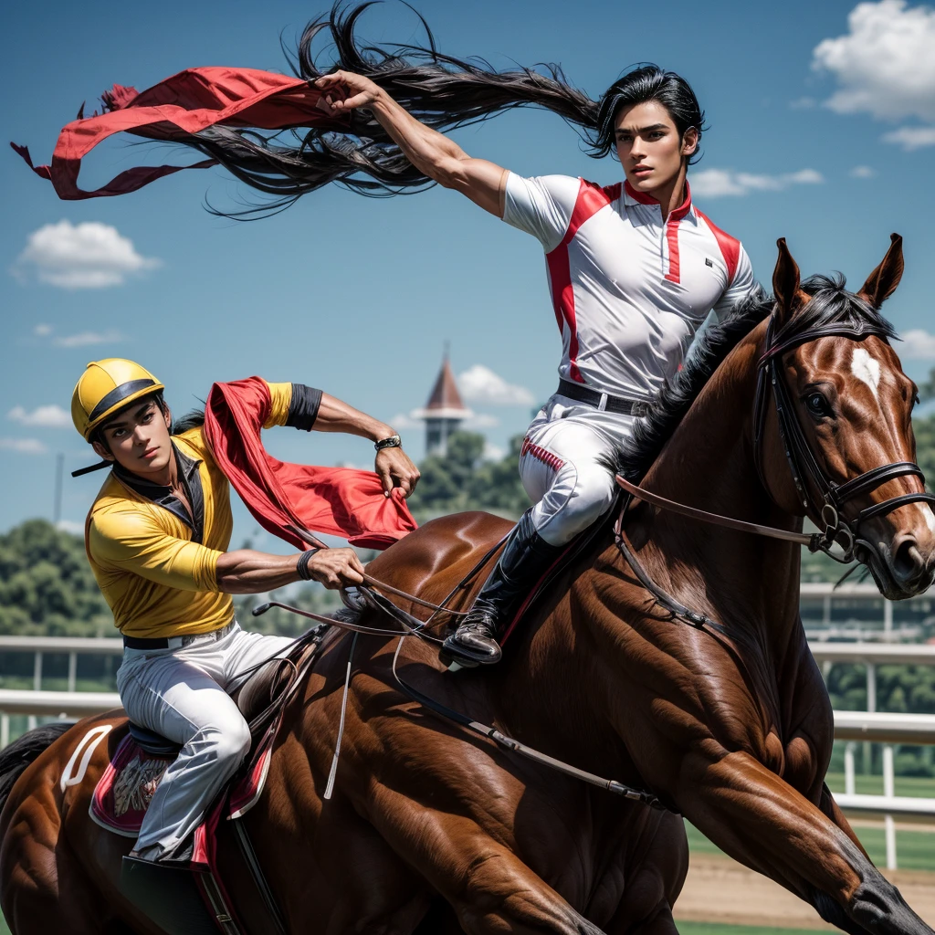 One man that is a muscular, attractive, black hair with somewhat tan skin, brown eyes, sharp jawline, thick eyebrows, racing silks outfit with bright and colorful colors inspired by polo men. Horse race track in the background With people riding horses.