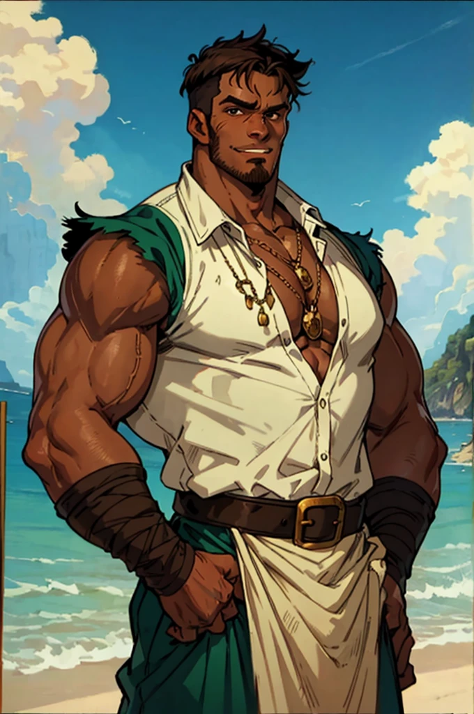 male, (mature daddy medival summer king), (naked), (dark skin), teen penis, handsome, muscular, white hairy, (blush), (posture with arms crossed), middle aged man, homoerotic, Standing, realistic, morning, delicate eyes, precum, beach