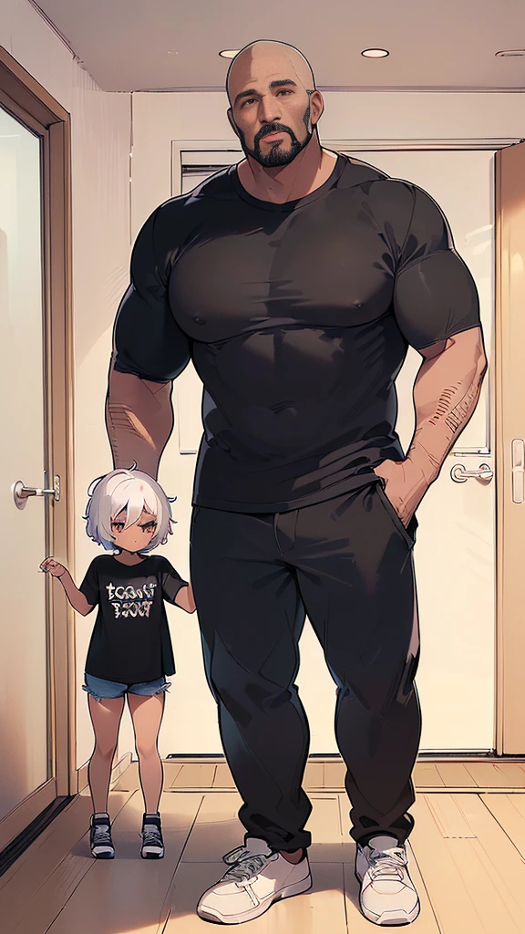 (Young short girl:1.5, and a big, muscular black man:1.3,  Oversized plain inseam length t-shirt:1.5)A girl、Open the front door and look at the viewer while seducing them, Thin thighs,
,Slim body、Big breasted girl , (Man&#39;s evil smile:1.2), Off the shoulder, Short sleeve、No underwear、Black Hair, Sunburn, Saucy, blush,
((Half-naked muscular black man puts his hand on girl&#39;s shoulder)), Angry man&#39;s face:1.5. Absurd Solutions, Very detailed, Highest quality, Cute illustrations,((steam,sweat,))、(Half naked big muscular black man and girl cuddle:1.2)