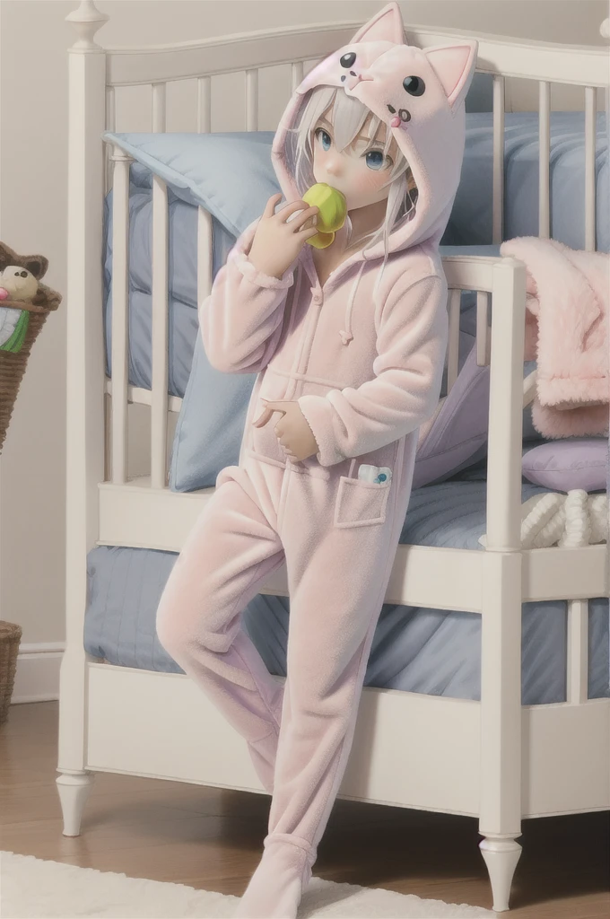 An anime image of a ********* sleeping in a large nursery room, (wearing fox hoodie-footie pjs), (((wearing a diaper))), ((sleeping soundly in a crib)), (crib), pacifier, peaceful expression, soft lighting, solo, ((1boy)), warm colors, highly detailed, extremely detailed, masterpiece, anime style, beautiful detailed eyes, soft bedding, plush fox hoodie, adorable, comfort, cozy, restful, hood up,