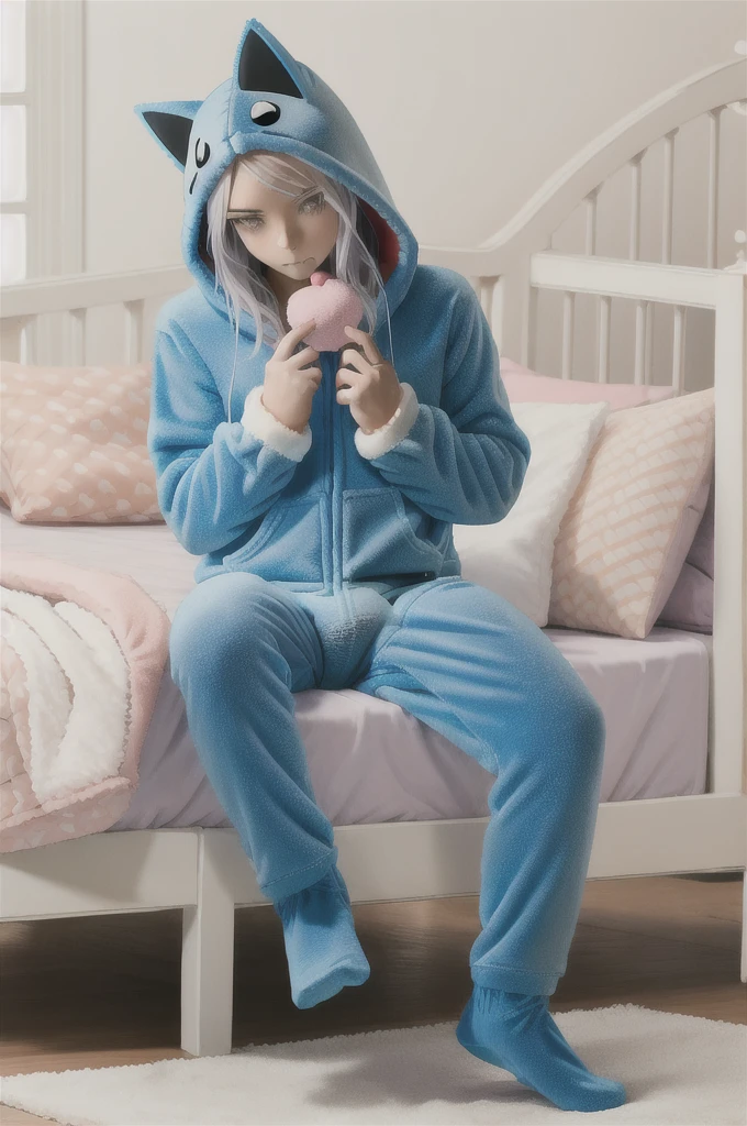 An anime image of a teenage boy with white hair playing with baby toys. teething ring, ((playing with toys)), (wearing cat hoodie-footie pjs), (((wearing a diaper))), [[sleeping]], (in a crib 1.5), stuffed animals, ((1boy)), high quality, extremely detailed, highly detailed, masterpiece, soft lighting, warm colors, pastel colors, (well drawn fingers), hood up,
