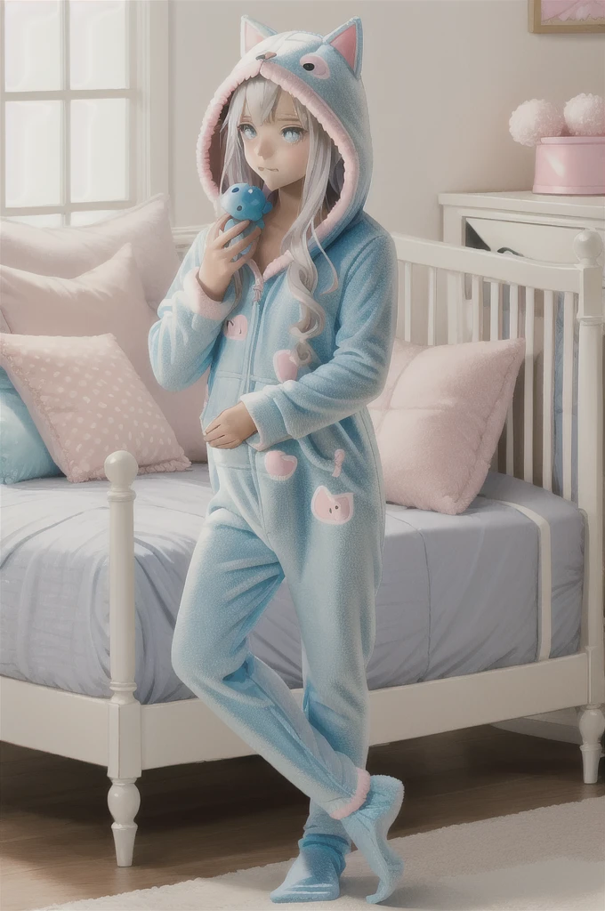 An anime image of a teenage boy with white hair playing with baby toys. teething ring, ((playing with toys)), (wearing cat hoodie-footie pjs), (((wearing a diaper))), [[sleeping]], (in a crib 1.5), stuffed animals, ((1boy)), high quality, extremely detailed, highly detailed, masterpiece, soft lighting, warm colors, pastel colors, (well drawn fingers), hood up,
