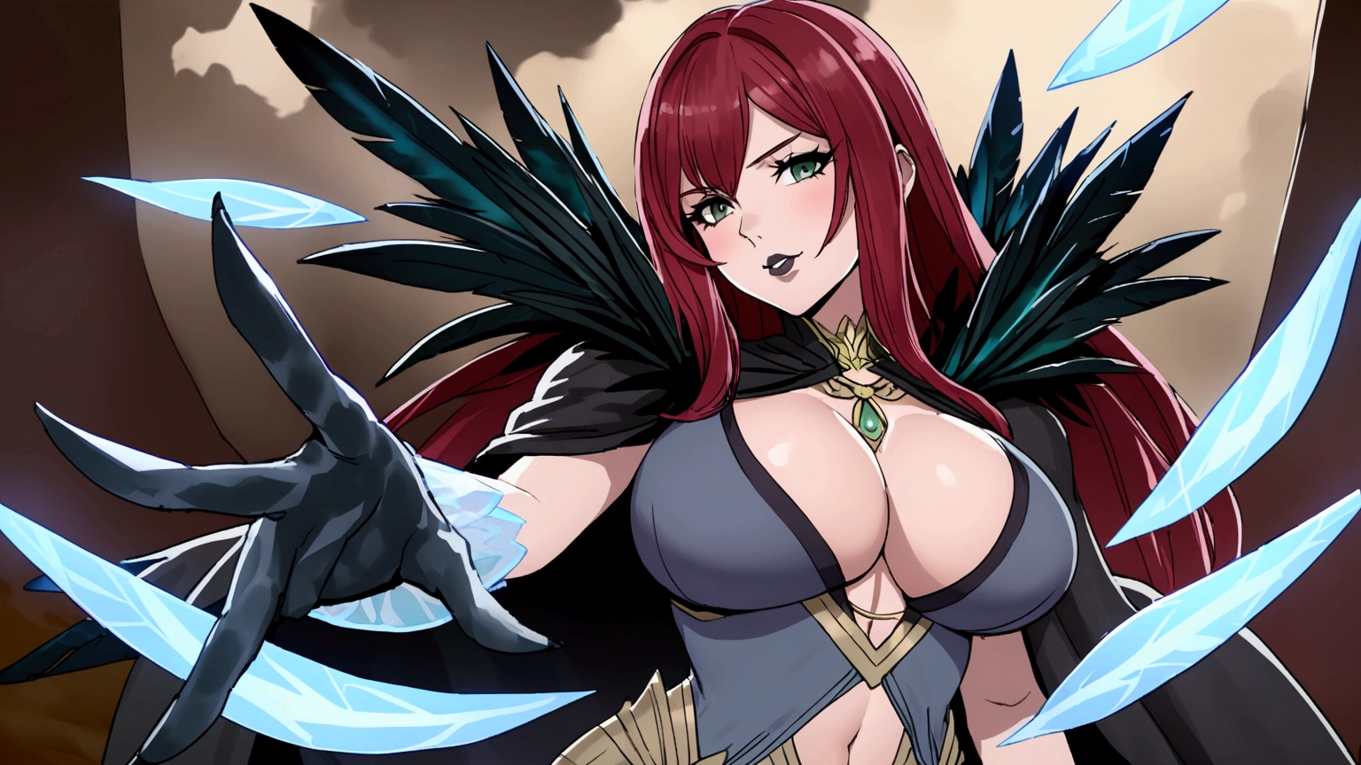 A sorceress with long red hair, long black low-cut dress, black feathers on the shoulders of the dress, bountiful breasts, evil gaze