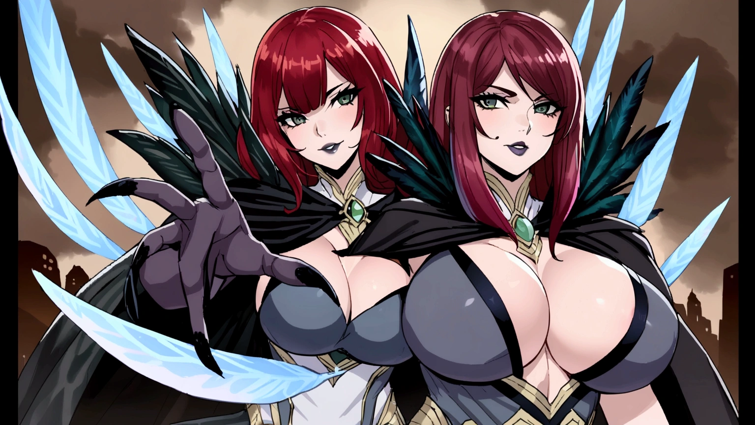 A sorceress with long red hair, long black low-cut dress, black feathers on the shoulders of the dress, bountiful breasts, evil gaze