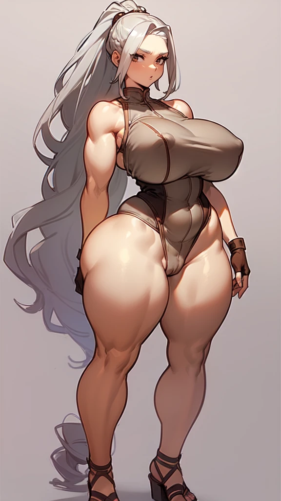 (masterpiece), best quality, female warrior, huge girl, female muscular:1.2, long hair:0.5, (silver hair), big breast, (curvy:1.8), (((blank background))), ((full body)), fingerless gloves, sandals, sleeveless, covered nipples, detailed dress, ((camel toe)), corset, bare legs , ((long legs:1.5)), tall girl, forehead, slicked back hair