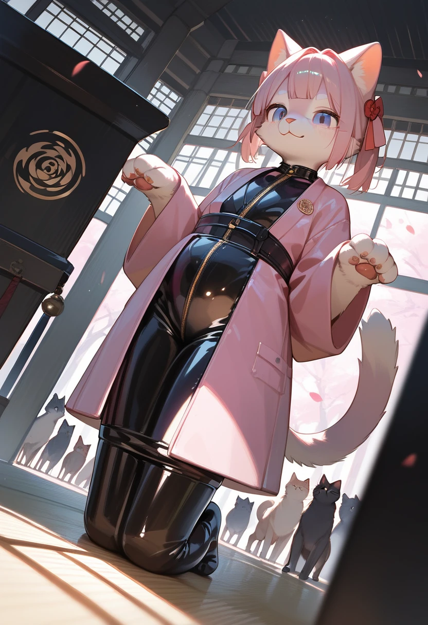 Highest quality, Highest quality, High quality illustrations, masterpiece, Ultra-high resolution, Detailed Background, Kyoto, Absurd, Perfect Anatomy, performance, Good lighting, Shadows in the movies(kemono, Furry PersonifiCation), Cat, Pink kimono, latex, rubber, Dynamic Angle