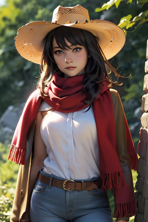 Highest quality　High resolution　Western Wilderness　Cute girl in gunfighter clothes　Ten-gallon hat　Revolver pistols　jeans　gun belt　A scarf is wrapped around the neck　The background is the wilderness:1.8