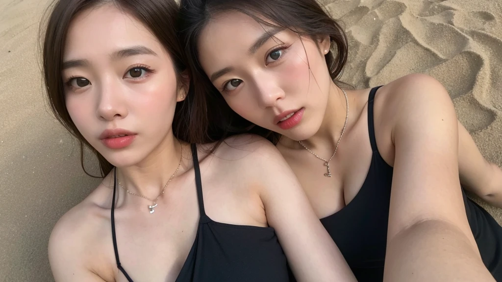 ((Photorealistic lighting, highest quality, 8k, masterpiece:1.3)), sharp focus:1.2, viewer discretion advised (New South Wales) (New South Wales) (New South Wales):1.2, ((realistic)), ((genuine light, highest quality)), model physique:1.4, (dark brown hair, chest out:1.2), short hair, single woman, lying on her back, setting, (25 years old:1.3), very detailed face, detailed eyes, double eyelids, necklace, wristband, eyeliner, colorful bikini, a situation that makes men’s hearts race, (large), (black dress), (seaside, beach, sandy shore)