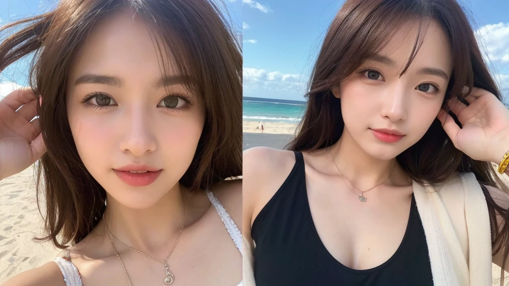 ((Photorealistic lighting, highest quality, 8k, masterpiece:1.3)), sharp focus:1.2, viewer discretion advised (New South Wales) (New South Wales) (New South Wales):1.2, ((realistic)), ((genuine light, highest quality)), model physique:1.4, (dark brown hair, chest out:1.2), short hair, single woman, lying on her back, setting, (25 years old:1.3), very detailed face, detailed eyes, double eyelids, necklace, wristband, eyeliner, colorful bikini, a situation that makes men’s hearts race, (large), (black dress), (seaside, beach, sandy shore)