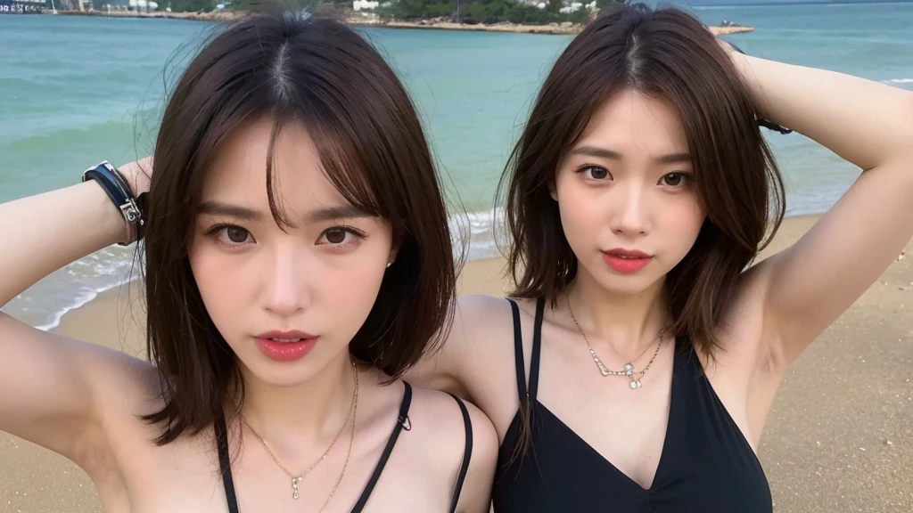 ((Photorealistic lighting, highest quality, 8k, masterpiece:1.3)), sharp focus:1.2, viewer discretion advised (New South Wales) (New South Wales) (New South Wales):1.2, ((realistic)), ((genuine light, highest quality)), model physique:1.4, (dark brown hair, chest out:1.2), short hair, single woman, lying on her back, setting, (25 years old:1.3), very detailed face, detailed eyes, double eyelids, necklace, wristband, eyeliner, colorful bikini, a situation that makes men’s hearts race, (large), (black dress), (seaside, beach, sandy shore)