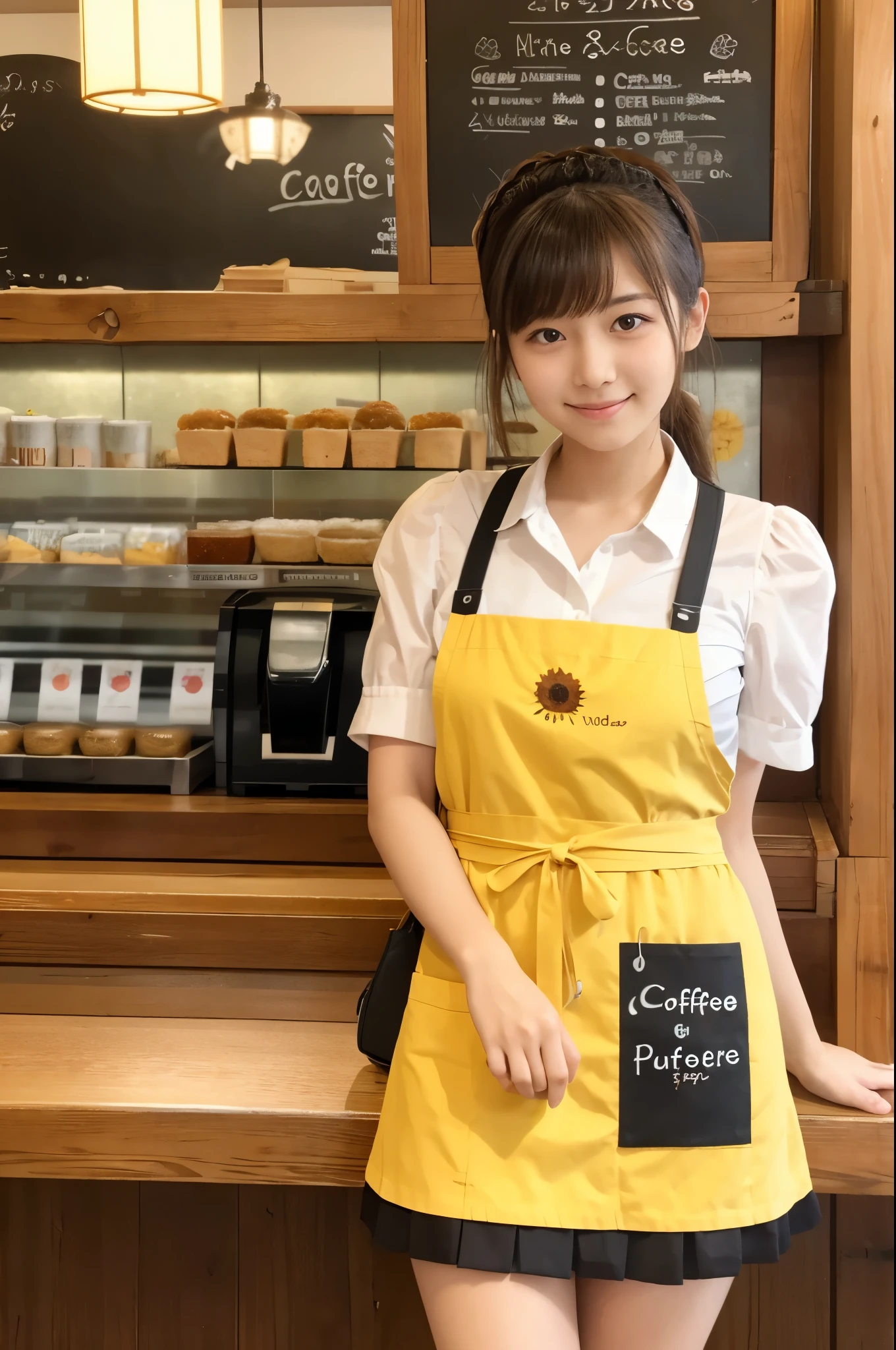 20 years old girl (Japanese cute face) is wearing very short mini skirt and apron and working at the coffee cafe with sunflowers