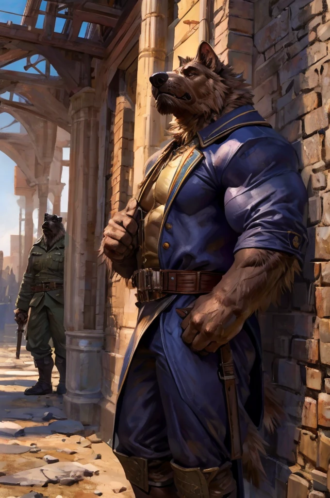 By Taran Fiddler, one man, anthro canine (irish wolfhound), brown fur, dilf, wrinkly face, sad and melancholic look, bushy eyebrows, scar on right eye, one-eyed eye, wearing trench world war two uniform, hands to his hips, stern facial expression, grumpy, standing in front of a old train station leaning on the wall looking forward crestfallen, in midnight.