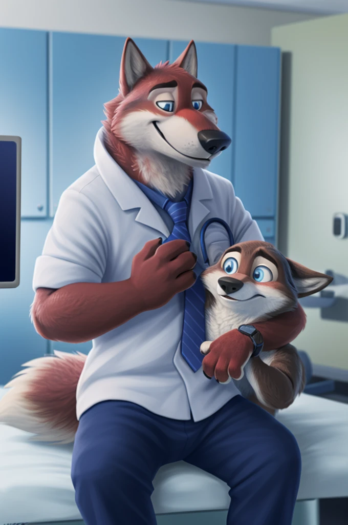 Joachim Wolfbach (Zootopia),tall handsome, wolf,young, 24 years, brown fur,(red body:1.3),Blue eyes, Moscow Dressed, red headdress,in a white medical gown,shirt pants,Sandals,tie,black pantsblue, stethoscope, pediatrician,canine, wolf, detailed fur, Male, antro, paw pads, finger claws,Prays, at viewer, 5 fingers, paws, 5 fingers, smile, happy, resting, wrist watch,stethoscope,looks at the monitors, т nextel, sitting at home in the medical intensive care unit,by xenoforge, (difficult, high detail, digital, photo, soft focus, RAW, pilot by training,ulba,tender, very kind, sincere, advises, patient, детский pediatrician,holding a wolf cub,
photorealism, realistic, photorealistic, analog style, subsurface scattering,
masterpiece, Best quality, ultra realistic, 8 K)