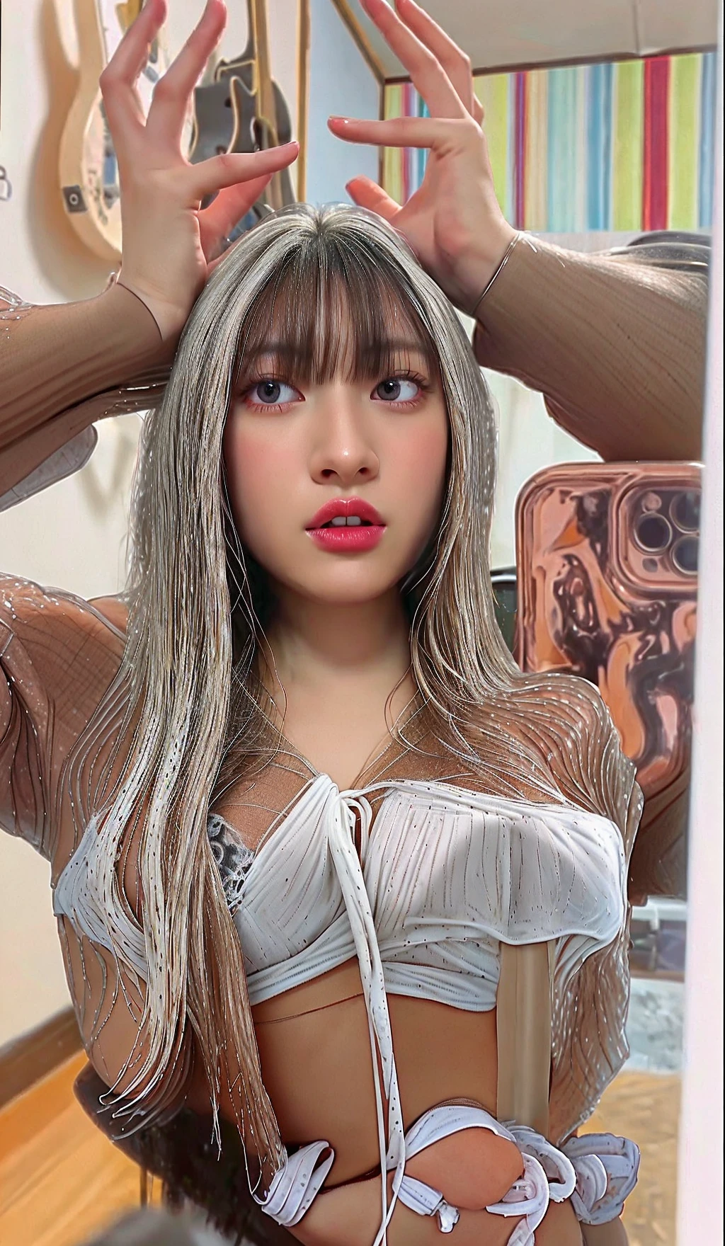 Magazine scanning,(MagazineCover:1.2),Cover text,The body text,(Goujade necklace:1.1),Phlegm sputum, phlegm,1girll,black glove,Black cardigan,Character requirements,explanation,耳Nipple Ring,Double V,jewelry,long whitr hair,Overlooking, Perfectly flowing hair, Solo(RAW photo:1.2),camel-toe,Hollow-out on,sweat leggs,White liquid, Smooth pink skin, shiny metallic glossy skin, Shiny, spread their legs,M-shaped legs,angry look,Irritated,white liquid all over body,Full body like,