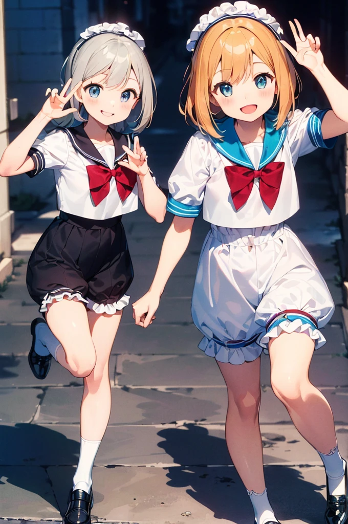 Multiple Girls, (masterpiece:1.8),(Highest quality:1.8),(Very detailed:1.8),(8k:1.8),(Ultra-fine Illustration:1.3),Random Hairstyles,Flat Chest,(Sailor suit,Please lift your skirt),,,(Frills,Bloomers:1.4),(Pose with a smile:1.5),running,(Full body angle),,