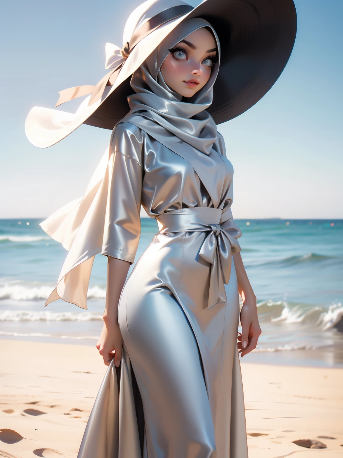 Masterpiece, best quality, photography, detailed skin, realistic, photo-realistic, 8k, highly detailed, full length frame, High detail RAW color art, diffused soft lighting, shallow depth of field, sharp focus, hyperrealism, cinematic lighting, hijab, a woman in a beautifully makeup, smokey eyeshadow, beautiful big eyes, long eye lashes, wearing ((silver satin hijab)), loosely tide hijab style, ((Pewter satin long dress)), Brim Straw Hat, dancing at the beach, Warm light background