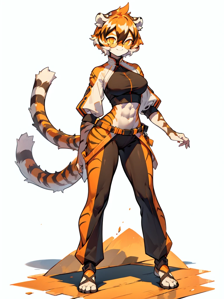 white background, full body,1girl，solo, Standing, animal ears, white hair, black hair, short hair, large breasts, Abdominal muscles,, tail, orange eyes, orange hair, multicolored hair, tiger girl, hair between eyes, tiger_ears, tiger_tail, orange-tinted_eyewear, tinted_eyewear, big breasts, evil smile, Shadows under feet,  (((nake outfit:1.2))),