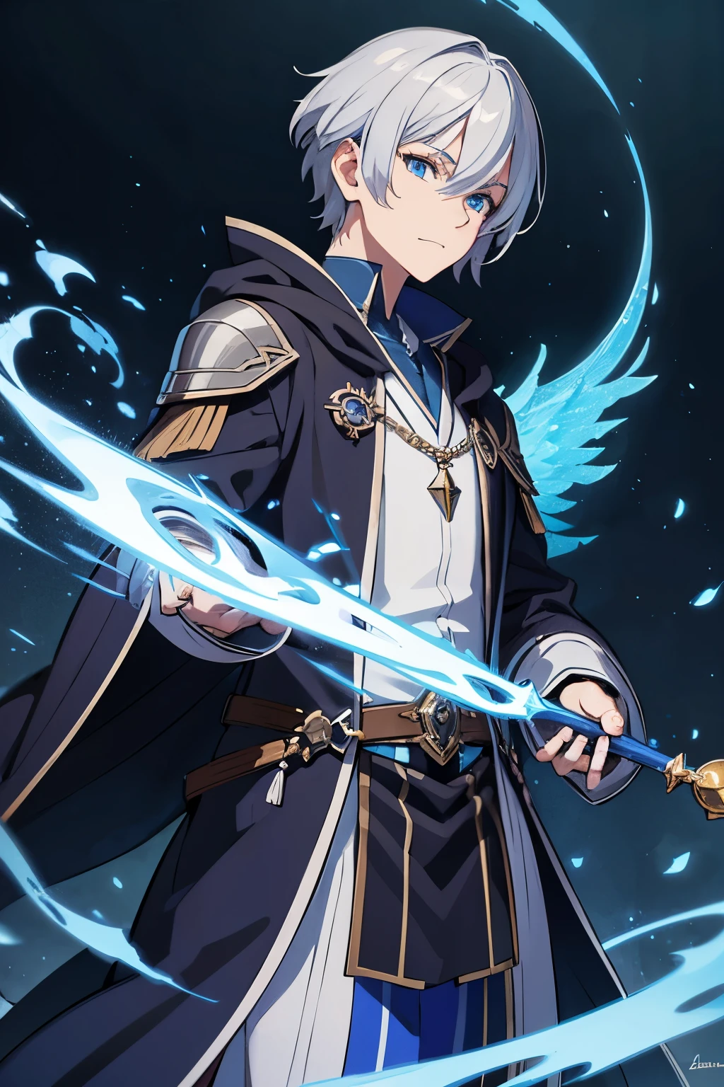 masterpiece, Highest quality, High resolution，Anime Style、Silver Hair、Short Hair、male、Wizard、Robe、magic、Blue Flame、With an ancient castle in the background
