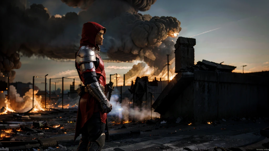 hdr, best 24k image, with shining armor a templar soldier, with a red hood, in front of a destroyed city, ruins fire, smoke, clear day