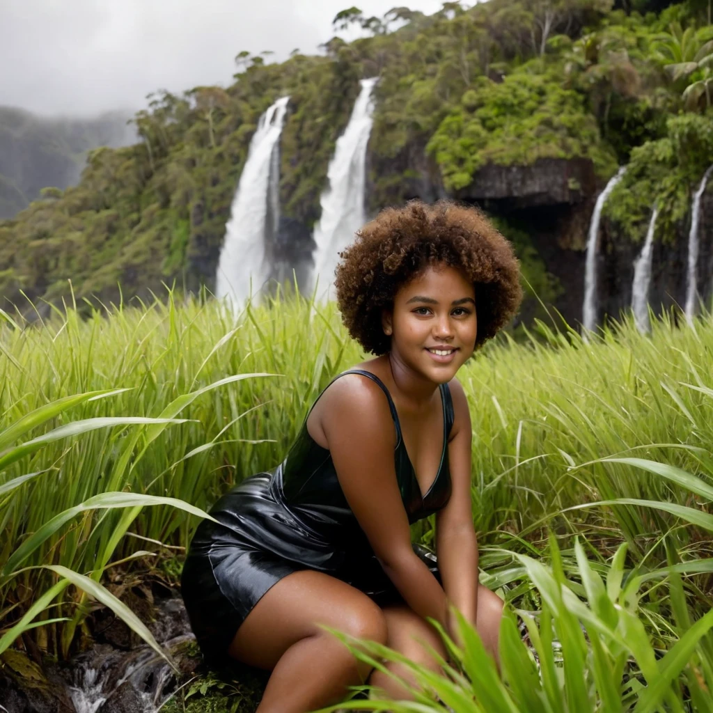 a young thick Melanesian 15 yo woman, short curly hair, legs wide open, sitting, inside a long grass bush, near a waterfall, wet, dress