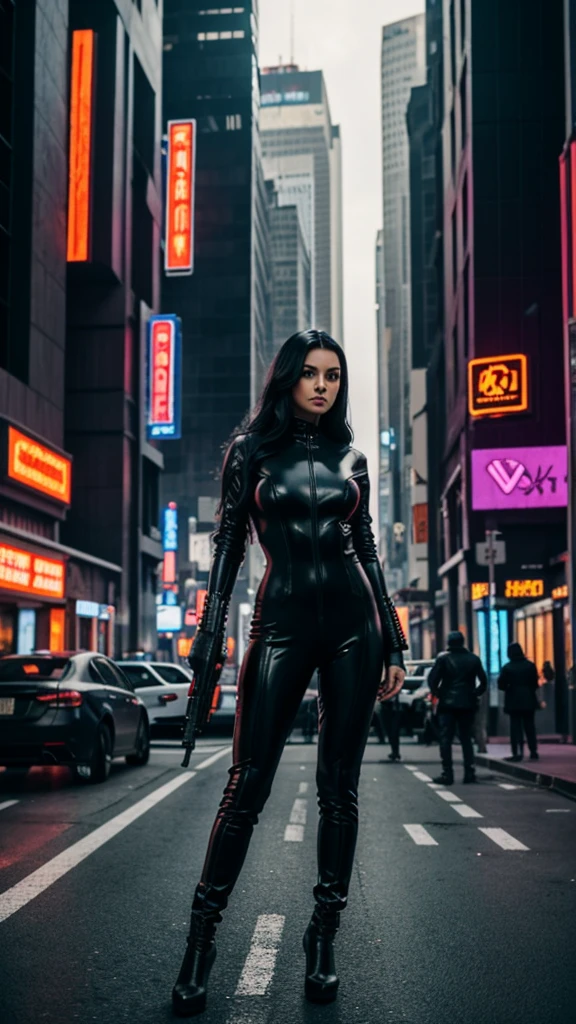 Beautiful woman full body, blackquality hair, dressed in catsuit, holding futuristic gun, she is on the street of a cyberpunk city.