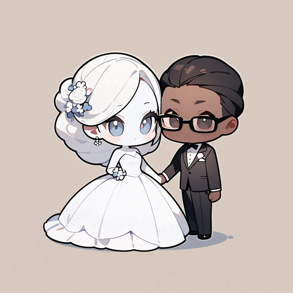 chibi style，Lovely，masterpiece, best quality, 8k, Couple（One man and one woman），man（Brown skin，Indian）Suit，woman（Black hair white skin，wear glasses）Wedding dress，Clean background