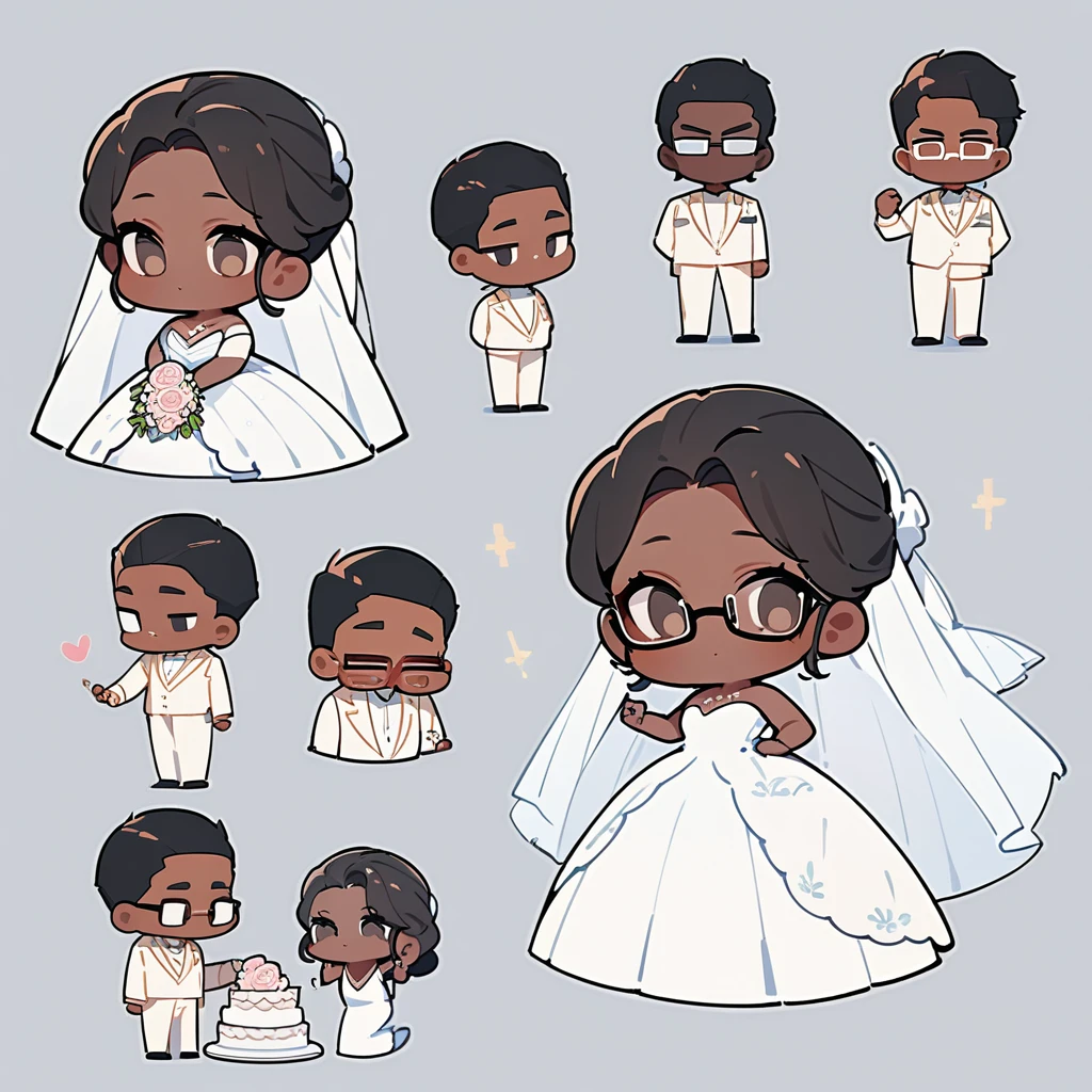 chibi style,Lovely,masterpiece, best quality, 8k, Couple(One man and one woman),man(Brown skin,Indian)Suit,woman(Black hair white skin,wear glasses)Wedding dress,Clean background