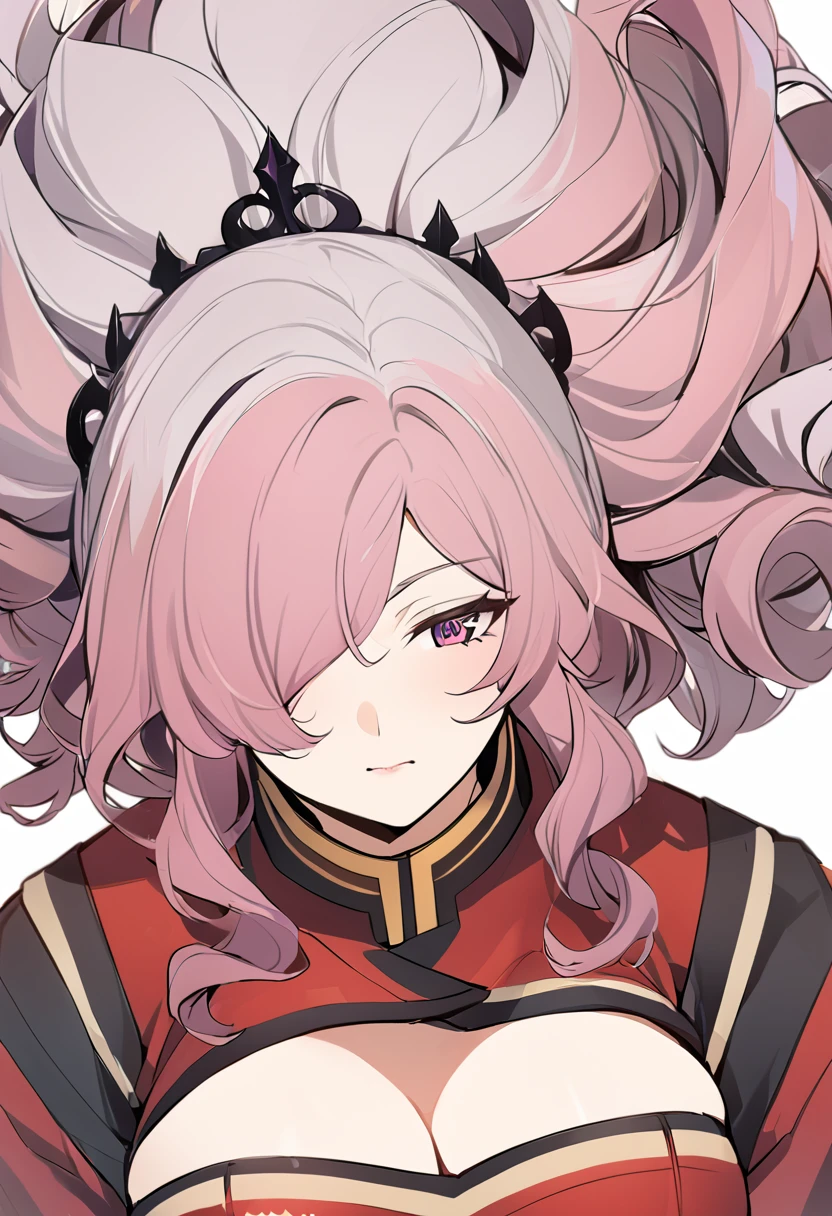 Anime, 1 girl, solo, sprCamilla, hair over one eye, kimtag, red student uniform, crimson colored hair, camilla's huge long fuzzy hairstyle, busty, deep cleavage, genetics's high , firm strong body, expressive eye, perfect anatomy