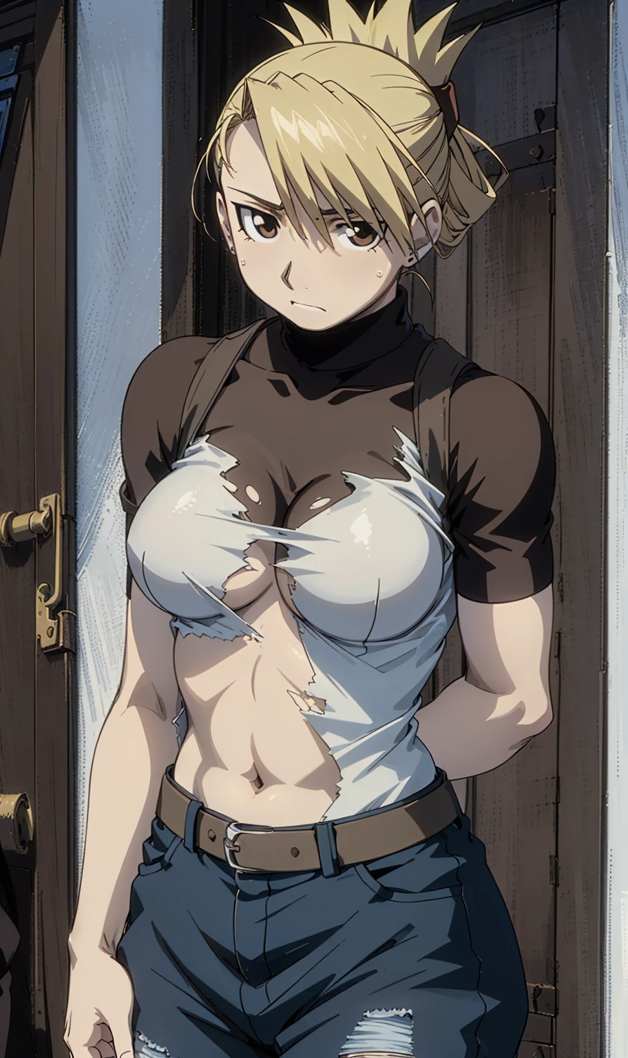 masterpiece, Highest quality, High resolution, 1 Girl, Hamriz, ponytail, Brown eyes,big , Black Shirt, Tight shirt, holster, Short sleeve, belt, Covered navel, Blue pants,Inside the room、Upper body close-up、Muscular body、blush、Sweat、Composition from the front、anime、Hide your arms behind your back、(((tits、Torn clothes、Torn clothes、Her breasts are completely visible)))