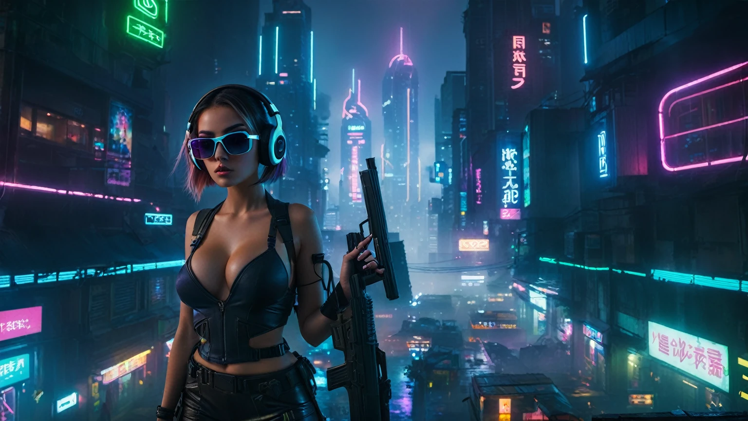 dark futuristic landscape, at night, neon lights, Atmospheric fog, large buildings in the background, futuristic city, streets with open shops, skyscraper (postapocalyptic city:1.3). (((1girl, solo, alone))), large-breast:1.2 slim body, cleavage:1.1, sexy miniskirt, (((headphone, black sunglasses, standing and holding pistol pose))), (((half-body thigh level medium shot))), cinematic lighting, lens flare, ray tracing.