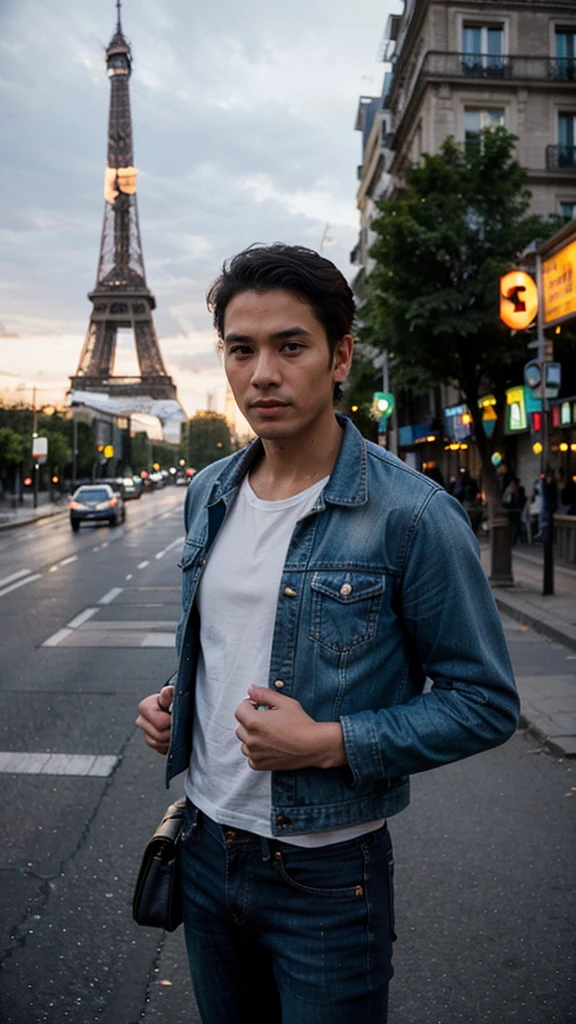 Handsome Indonesian Sumatera man (36 years old, oval and clean face, ideal body, jeans, Indonesian leather, wearing denim jacket and black bag, standing pose, photographic style front photo, visible face, view of the Eiffel Tower right behind him, lights on around him street and city, standing somewhere on the Paris Bridge, it's the atmosphere approaching sunset.ultra HD, original photo, very detailed, very sharp, 18mm lens, realistic, photography, leica camera