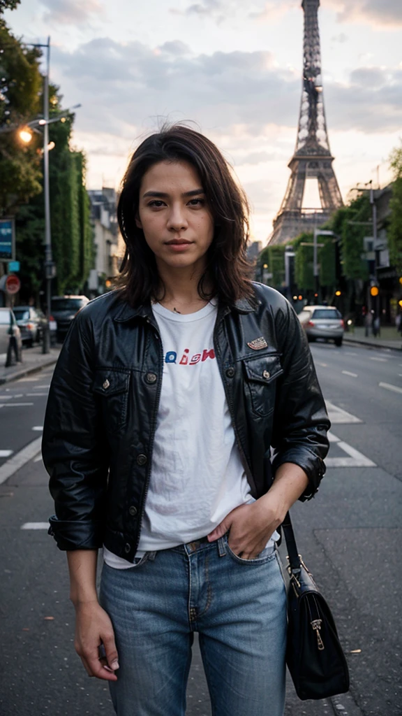 Handsome Indonesian Sumatera man (36 years old, oval and clean face, ideal body, jeans, Indonesian leather, wearing denim jacket and black bag, standing pose, photographic style front photo, visible face, view of the Eiffel Tower right behind him, lights on around him street and city, standing somewhere on the Paris Bridge, it's the atmosphere approaching sunset.ultra HD, original photo, very detailed, very sharp, 18mm lens, realistic, photography, leica camera