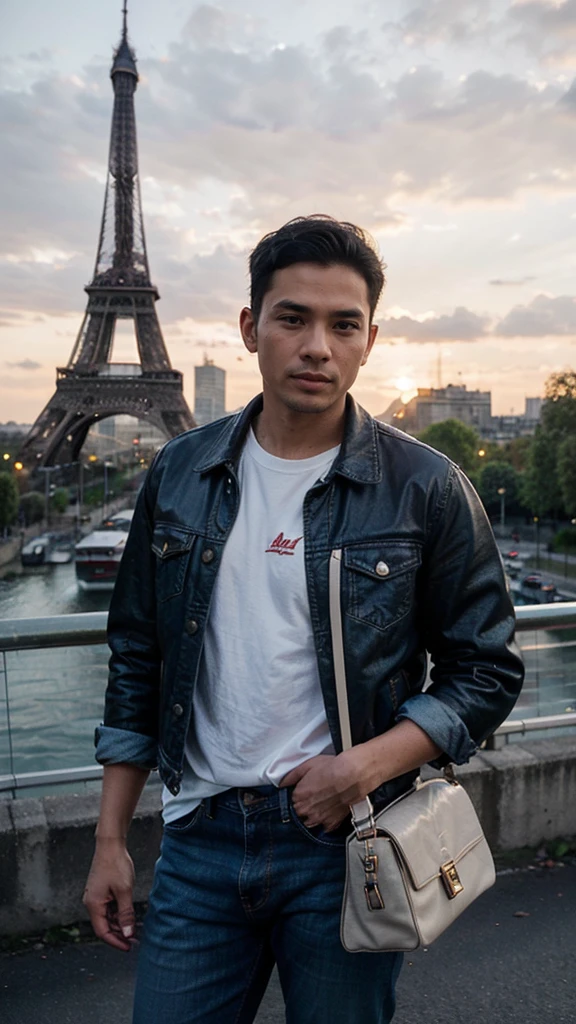 Handsome Indonesian Sumatera man (36 years old, oval and clean face, ideal body, jeans, Indonesian leather, wearing denim jacket and black bag, standing pose, photographic style front photo, visible face, view of the Eiffel Tower right behind him, lights on around him street and city, standing somewhere on the Paris Bridge, it's the atmosphere approaching sunset.ultra HD, original photo, very detailed, very sharp, 18mm lens, realistic, photography, leica camera