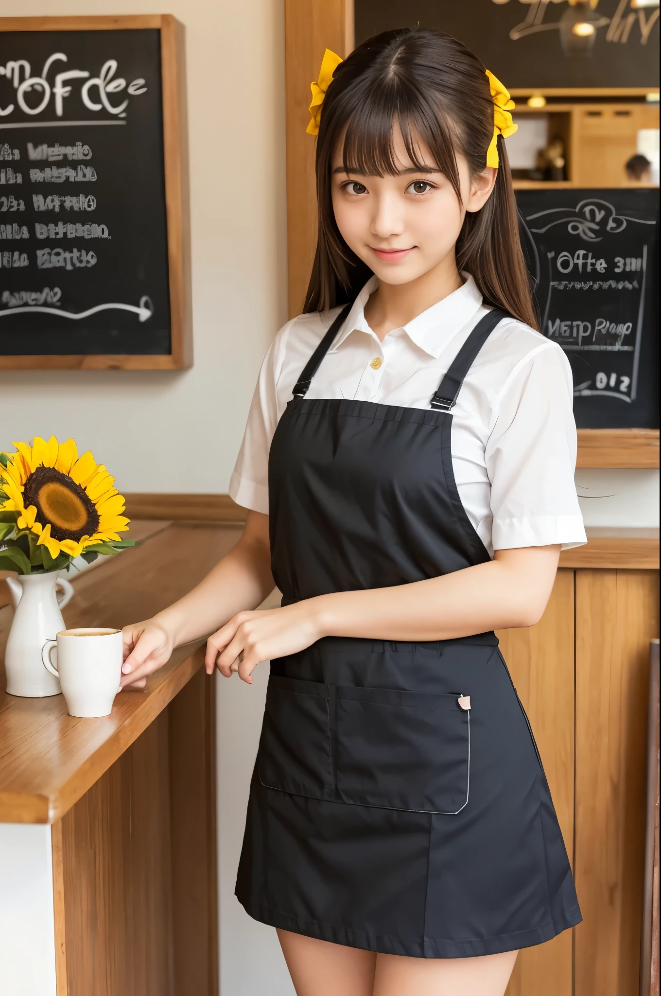 21 years old girl (Japanese cute face) wearing very short mini skirt and apron and working at the coffee cafe with sunflowers