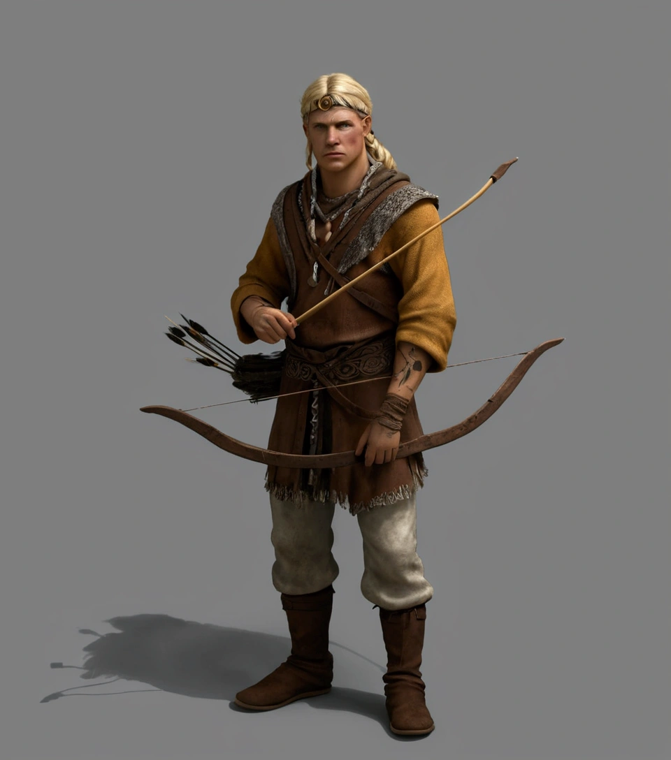 blond primitive archer with painted face, wearing animal skin rags and rustic clothing that was poorly sewn and poorly finished, with one arm uncovered and with Celtic tattoos: ultra realistic and detailed