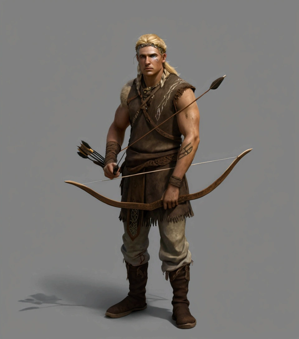 blond primitive archer with painted face, wearing animal skin rags and rustic clothing that was poorly sewn and poorly finished, with one arm uncovered and with Celtic tattoos: ultra realistic and detailed