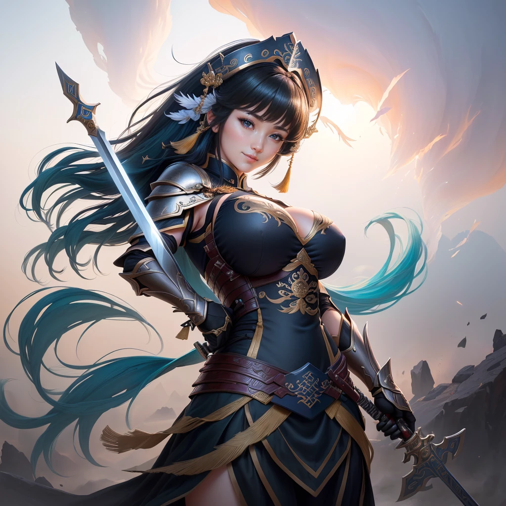 a woman in armor holding a sword and a feather, zhao yun, by Ju Lian, by Qu Leilei, chinese warrior, inspired by Shen Zhou, inspired by Li Mei-shu, by Li Zai, g liulian art style, a beautiful woman warrior, inspired by Li Rongjin, inspired by Ju Lian, beautiful character painting, xianxia hero, Highly detailed CG unit 8k wallpaper, masterpiece, High resolution, highest quality, highest quality real texture skin, Super Real, Digital Painting, Best image quality, 最High resolution, 8k, ((Highly detailed eyes and face, Beautiful eyes every detail)), (Saggy breasts, Gravity-dependent breasts, long chest, Heavy chest, disproportionate breasts, huge breasts, sagging breasts, gigantic breasts,), smile, black hair, 