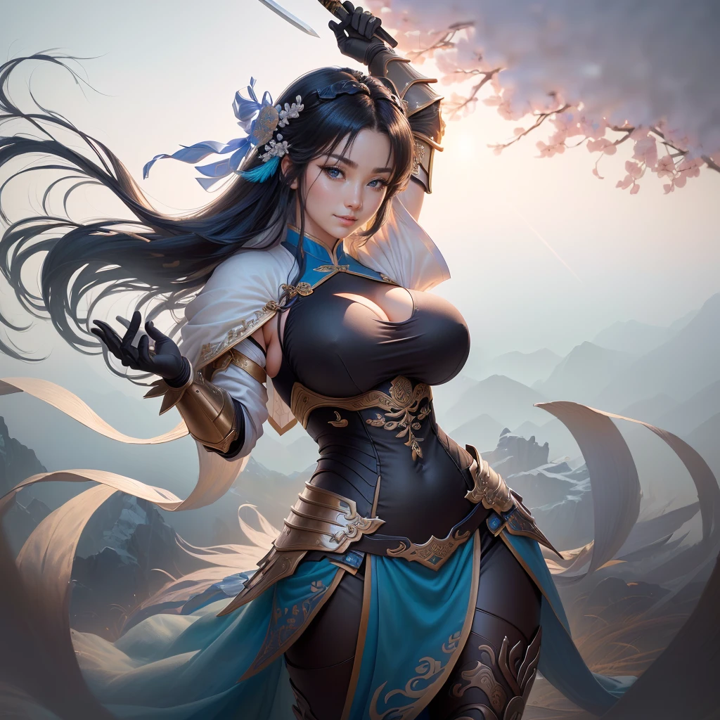 a woman in armor holding a sword and a feather, zhao yun, by Ju Lian, by Qu Leilei, chinese warrior, inspired by Shen Zhou, inspired by Li Mei-shu, by Li Zai, g liulian art style, a beautiful woman warrior, inspired by Li Rongjin, inspired by Ju Lian, beautiful character painting, xianxia hero, Highly detailed CG unit 8k wallpaper, masterpiece, High resolution, highest quality, highest quality real texture skin, Super Real, Digital Painting, Best image quality, 最High resolution, 8k, ((Highly detailed eyes and face, Beautiful eyes every detail)), (Saggy breasts, Gravity-dependent breasts, long chest, Heavy chest, disproportionate breasts, huge breasts, sagging breasts, gigantic breasts,), smile, black hair, 