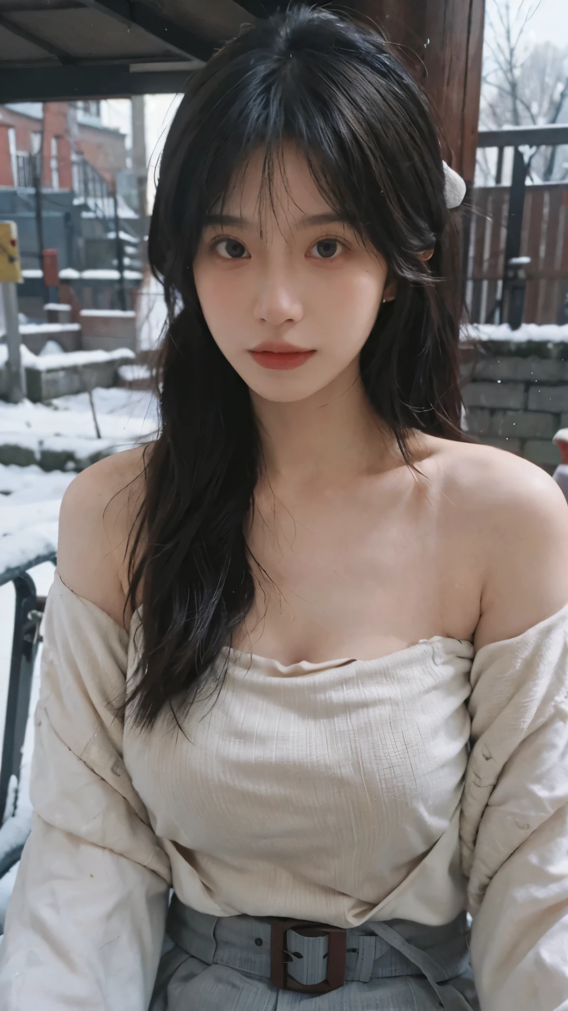 Portrait photography,1 girl,Snow Scene,Snowing background,Thickened cup strapless outer expansion underwear for women with small chest, gathered, non-slip and large, 6cm front buckle, wrapped chest, flat chest, tube top ,whole body:1.4,Lipstick,(Big Breasts:1.6),Headband,serene,calm,(Realistic and detailed eyes,Natural skin texture,Realistic facial details),