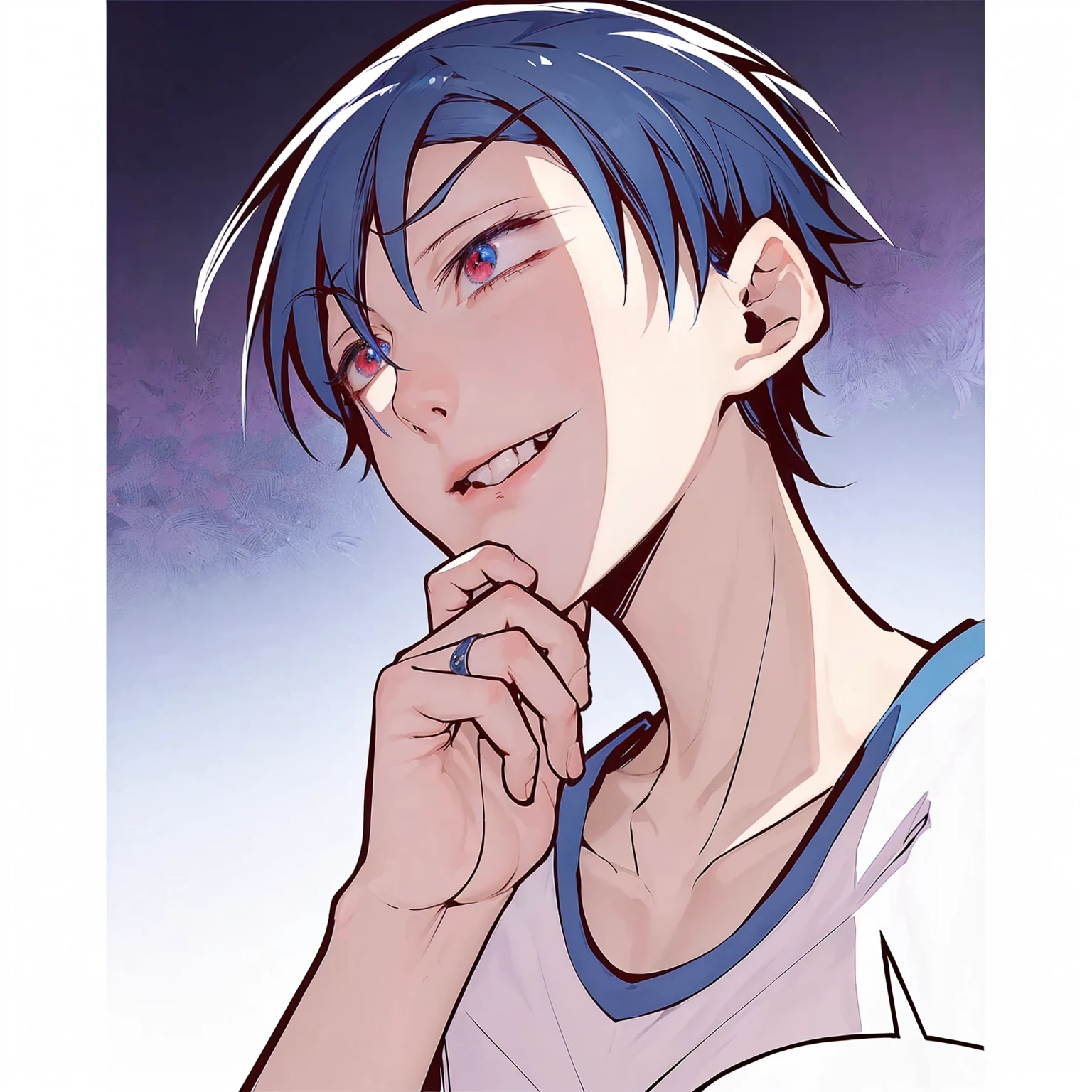 anime boy with blue hair and red eyes looking at something, 2d anime style, gamoe yandere, kentaro miura manga art style, [[[[grinning wickedly]]]], kentaro miura art style, kentaro miura manga style, makoto kano, tall anime guy with blue eyes, do pedal yowamushi, Evil Laugh, malicious smile, villain, malefic, badass