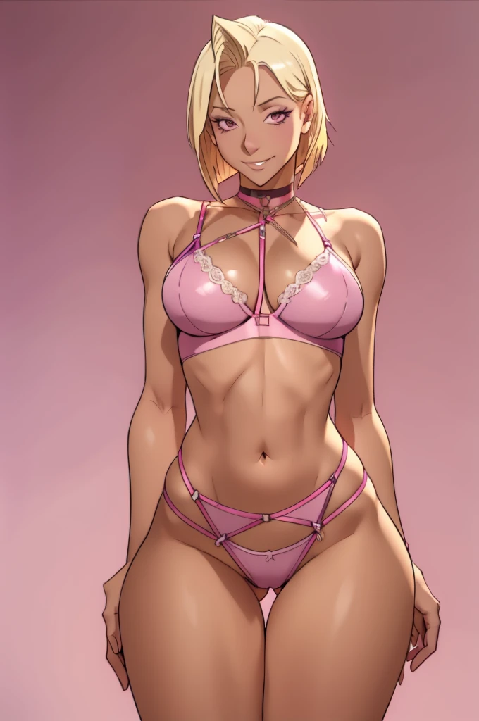 fully body, Hani, blonde, shorth hair, slickedback hair, Caucasian skin, wearing pink lingerie, smirk on face, , pose sexy, crotch focus, standing, all-body, 