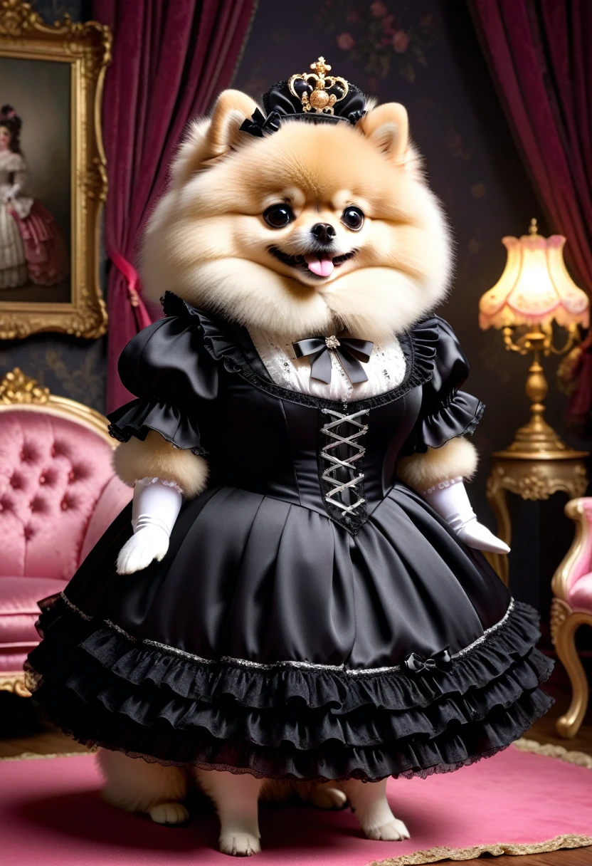  photorealistic portrait of Dressed animals-a ((fat)) ((Pomeranian)) princess,(furry), (elegant pose:1.5), (hands on hips:1.5),(smile:1.5),high quality,(),(lovely) ,intricate details, Wearing Gothic & Lolita dress , ( brim on head), highly detailed ((dress with  frills and ribbon)) ,highly detailed accessories, high sox , (happy), soft lighting,(full body image:2.0),in  Rococo style room background,,score_9, score_8_up, score_7_up, score_6_up, score_5_up, score_4_up,