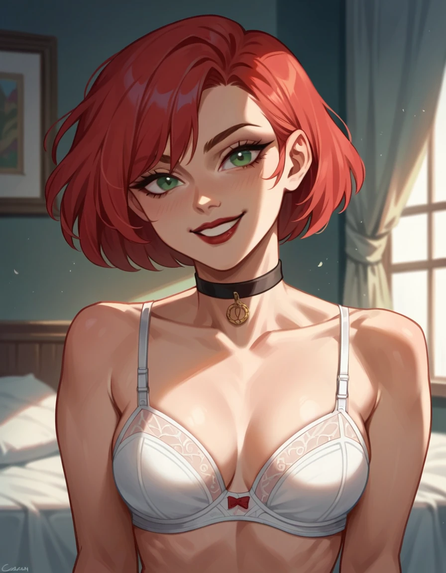 beautiful woman, ((caucasian skin)), red hair, short hair, white bra, white underwear, posing, ((bedroom)), red lipstick, black choker, green eyes, evil smile, portrait, slender body, nsfw, seductive