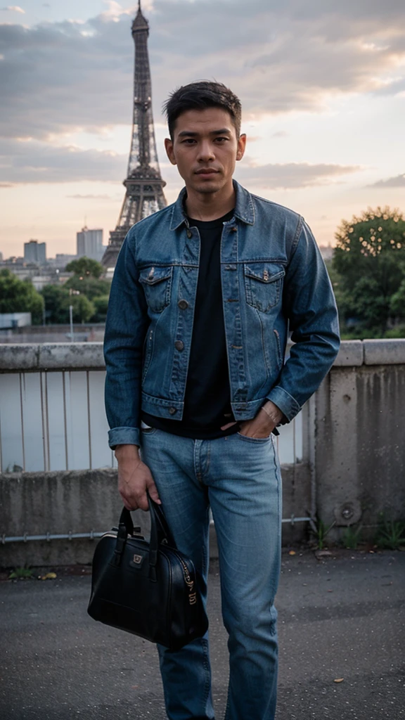 Handsome Indonesian Sumatera man (36 years old, oval and clean face, ideal body, jeans, Indonesian leather, wearing denim jacket and black bag, standing pose, photographic style front photo, visible face, view of the Eiffel Tower right behind him, lights on around him street and city, standing somewhere on the Paris Bridge, it's the atmosphere approaching sunset.ultra HD, original photo, very detailed, very sharp, 18mm lens, realistic, photography, leica camera