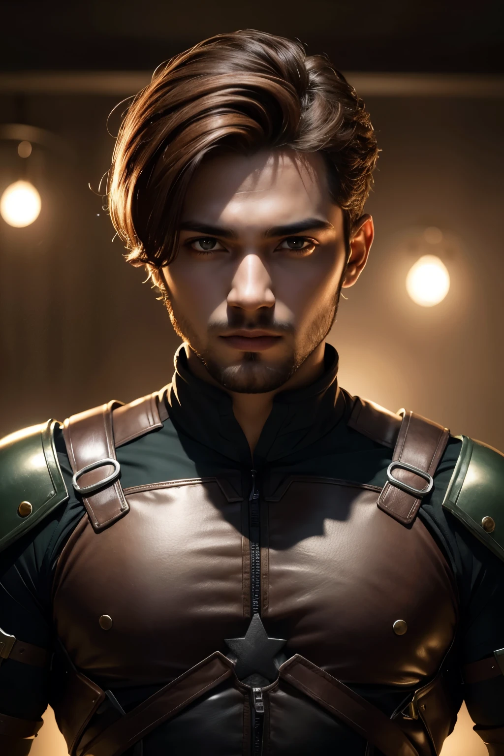 1 boy, brazil eye, barba, perfect lighting, chestnut hair, eyes browns, engine unreal, side lighting, face detailed, shining skin, battle scene background , darkness background, super soldier costume, your early bird's clothes, fully body, foot to head