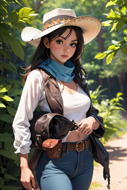 Highest quality　High resolution　Western Wilderness　Cute girl in gunfighter clothes　Ten-gallon hat　Revolver pistols　jeans　gun belt　A scarf is wrapped around the neck　The background is the wilderness:1.8