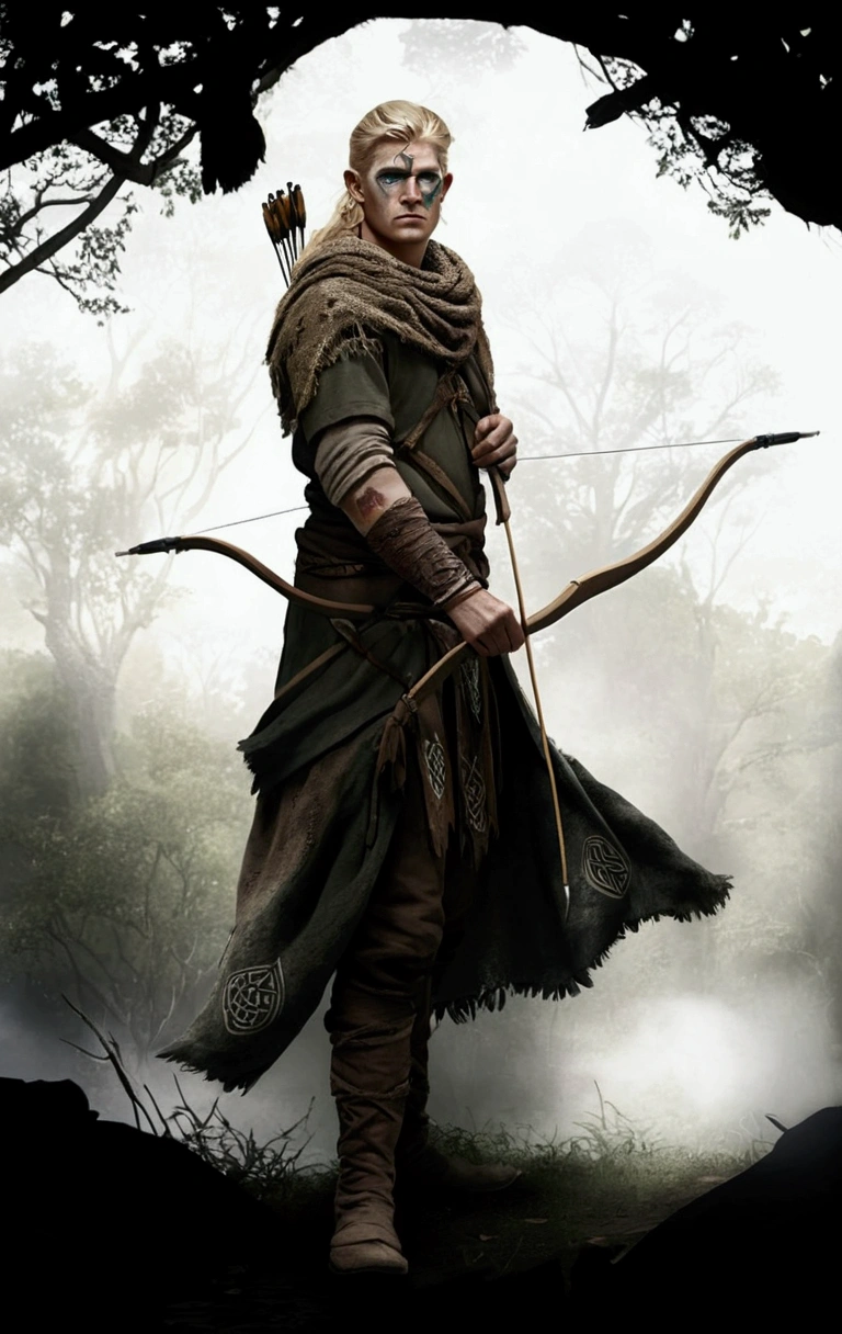blond primitive archer with painted face, wearing animal skin rags and rustic clothing that was poorly sewn and poorly finished, with one arm uncovered and with Celtic tattoos: ultra realistic and detailed